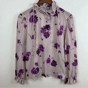 VTG Women’s 80s PL Sheer Floral Blouse Puff Sleeve Ruffle Neck Union Made